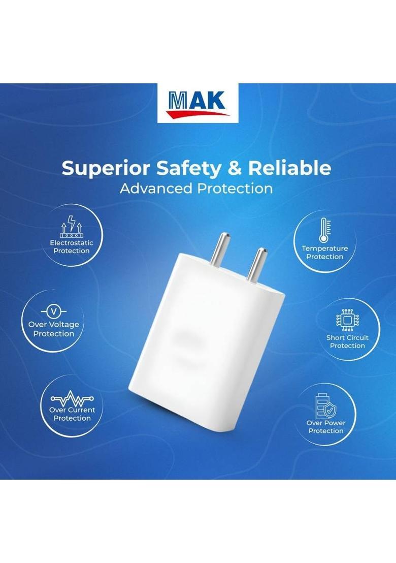 MAK 33 W TurboPower 2.0 4 A Wall Charger for Mobile with Detachable Cable&nbsp;&nbsp;(White, Cable Included) - Indya