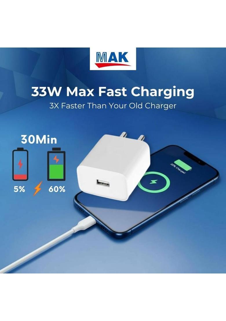 MAK 33 W TurboPower 2.0 4 A Wall Charger for Mobile with Detachable Cable&nbsp;&nbsp;(White, Cable Included) - Indya