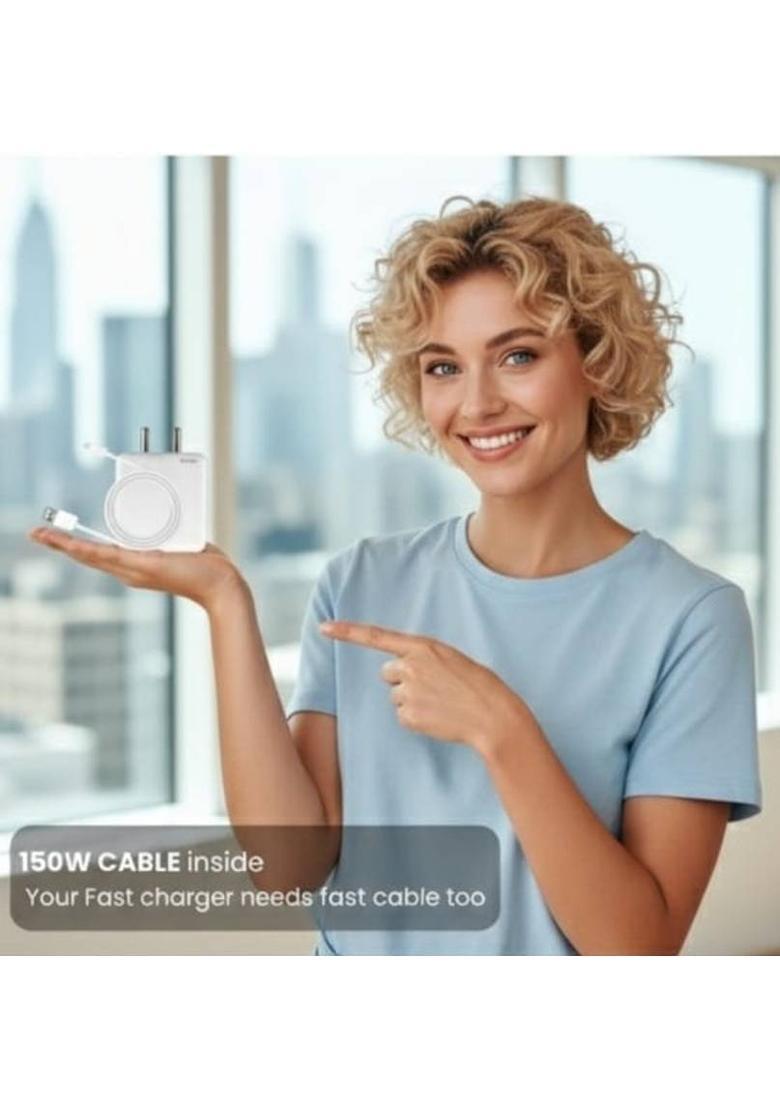 Yachyae 150 W Quick Charge 4 A Wall Charger for Mobile with Detachable Cable&nbsp;&nbsp;(Compatible for vivo V27Pro/V29/V29 Pro/V29e/V23e/V23 Pro/V25/V25e/V25 Pro, White, Cable Included) - Indya