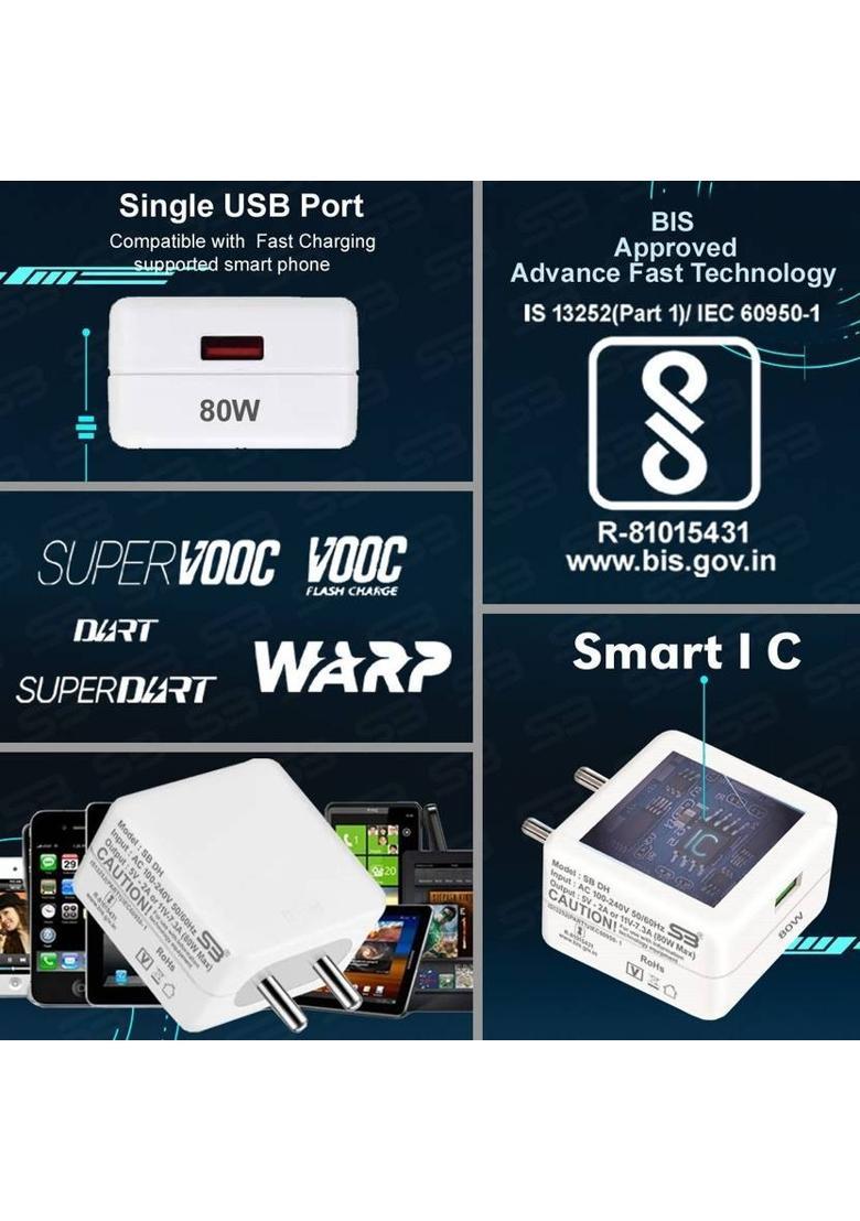 SB 80 W SuperVOOC 6 A Wall Charger for Mobile with Detachable Cable&nbsp;&nbsp;(White, Cable Included) - Indya