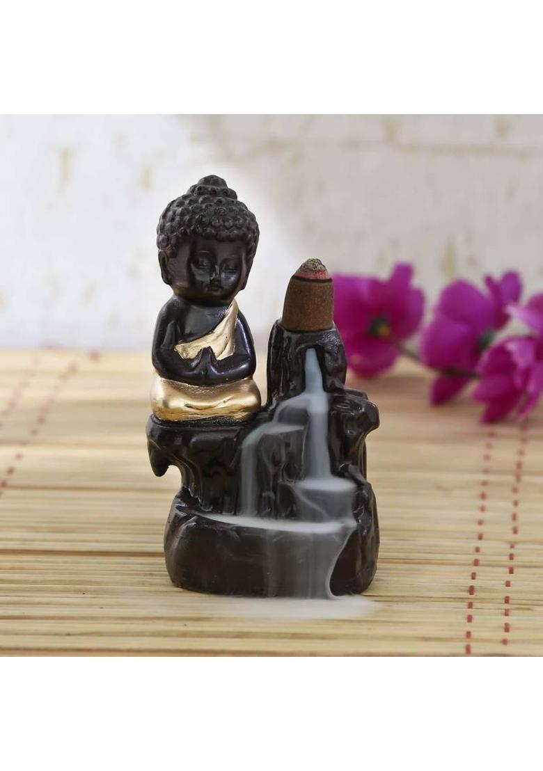 Anjora Meditating Monk Buddha Smoke Backflow Cone Incense Decorative Showpiece with 10 Smoke Backflow Cone Incenses Polyresin Incense Holder&nbsp;&nbsp;(Multicolor) - Indya