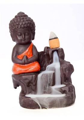 GOOD THINGS Handcrafted Meditating Little baby Monk Buddha Smoke Backflow Cone Incense Holder Decorative Showpiece | Red Decorative Showpiece - 12 cm&nbsp;&nbsp;(Polyresin, Red)