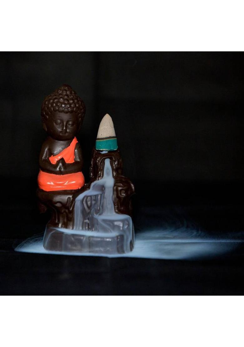 GOOD THINGS Handcrafted Meditating Little baby Monk Buddha Smoke Backflow Cone Incense Holder Decorative Showpiece | Red Decorative Showpiece - 12 cm&nbsp;&nbsp;(Polyresin, Red) - Indya