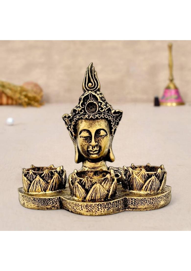 Ascension Gautam Buddha Head Showpiece Tealight Candle Holder Lord Buddha Statue for Home Polyresin 3 - Cup Tealight Holder&nbsp;&nbsp;(Copper, Pack of 1) - Indya