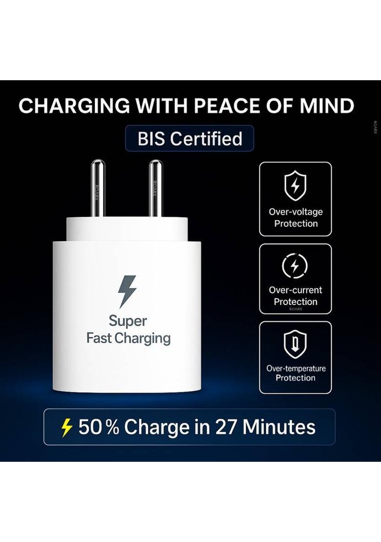 RoarX 25 W PD 3 A Wall Charger for Mobile with Detachable Cable&nbsp;&nbsp;(White, Fast Charger for Samsung Galaxy F15 5g Charger Adapter, Cable Included) - Indya