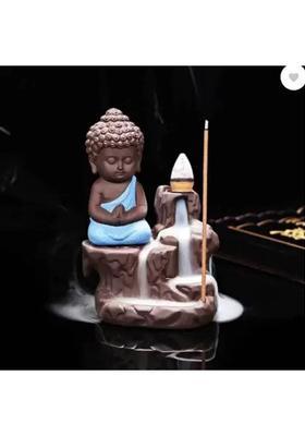 MORATER Handcraft Monk Buddha Smoke Backflow Cone Incense Holder With 10 Incense Cones Decorative Showpiece - 10 cm&nbsp;&nbsp;(Polyresin, Blue)