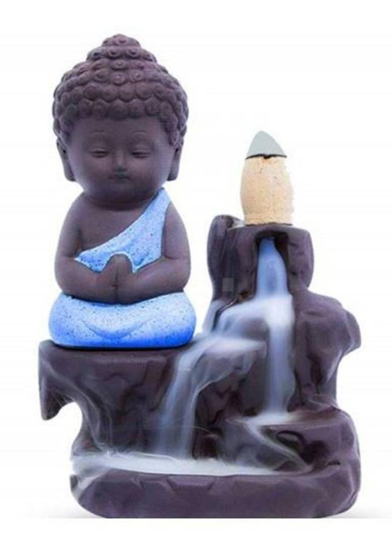 MORATER Handcraft Monk Buddha Smoke Backflow Cone Incense Holder With 10 Incense Cones Decorative Showpiece - 10 cm&nbsp;&nbsp;(Polyresin, Blue) - Indya
