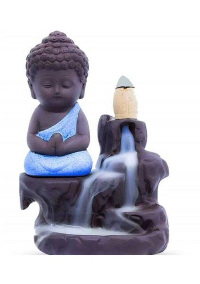 MORATER Handcraft Monk Buddha Smoke Backflow Cone Incense Holder With 10 Incense Cones Decorative Showpiece - 10 cm&nbsp;&nbsp;(Polyresin, Blue) - Indya