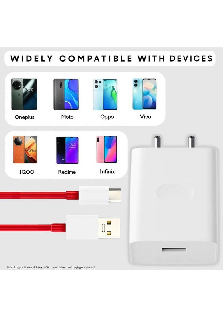 RoarX 33 W SuperVOOC 3 A Wall Charger for Mobile with Detachable Cable&nbsp;&nbsp;(White, Cable Included) - Indya