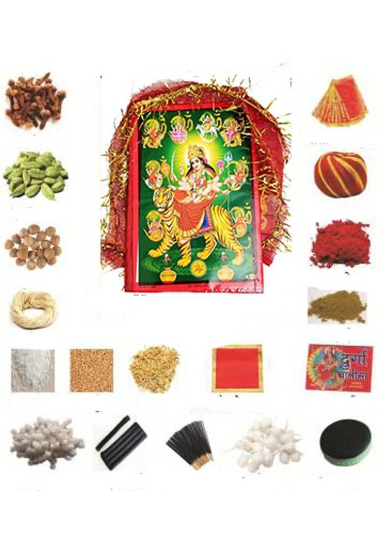 KAVIM Navratri Pooja samagri with murti 3.5 Inch ,Rice light, Hawan Cup(36 Items) Prayer Kit - Indya