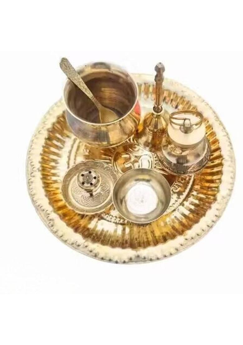 KESHAV BANJARA ENTERPRISES Decorative Brass Aarti Thali Kit for Home Temple Decor Brass&nbsp;&nbsp;(7 Pieces, Gold) - Indya