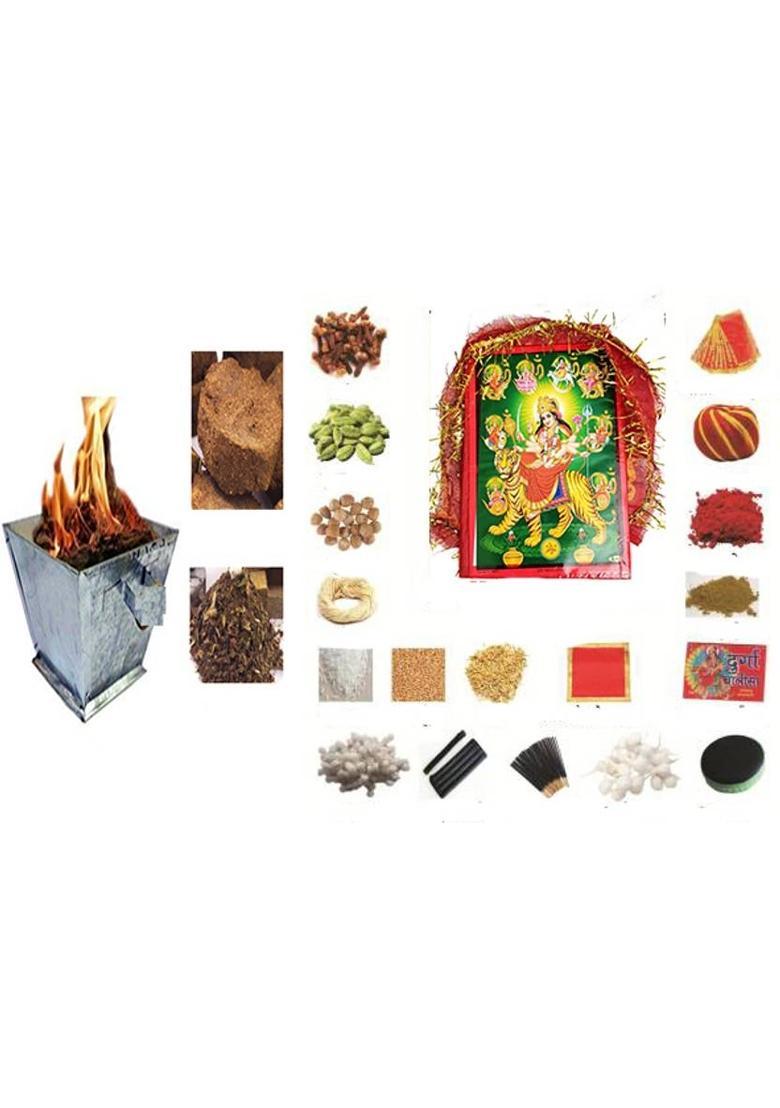 KAVIM Navratri Pooja samagri kit with one 4 inch Murti and Hawan Cup ( 35 Items) Prayer Kit - Indya
