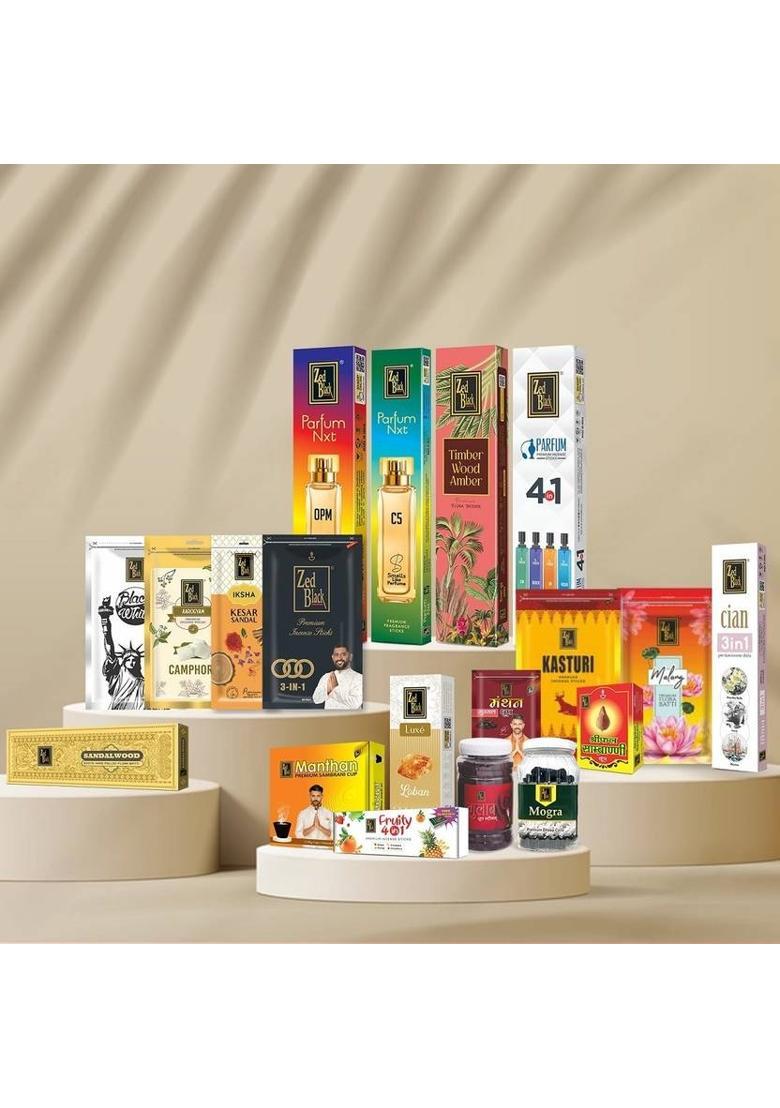 Zed Black Incense Sticks Kit, Dhoop Cones & Sticks, Sambrani Cup & Guggal Cup (Combo Set) Sandalwood, Amber&nbsp;&nbsp;(19 Units, Set of 1) - Indya