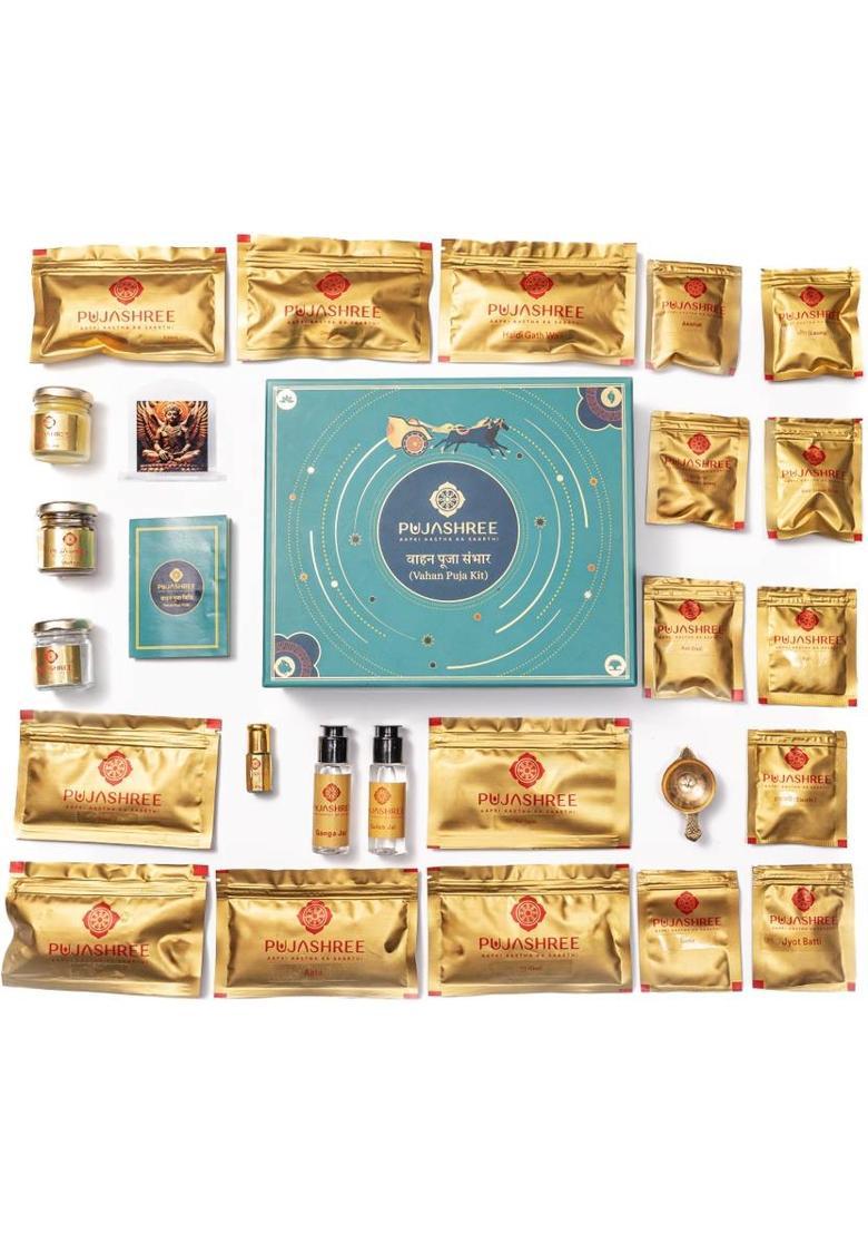 Pujashree Vahan Puja Kit - 25 Items| New Car Complete Pooja Samagri Kit With Car Dashboard Prayer Kit - Indya