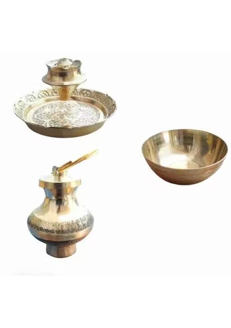HUZUR JI All-in-One Brass Puja Kit with Decorative Thali Brass&nbsp;&nbsp;(7 Pieces, Gold) - Indya
