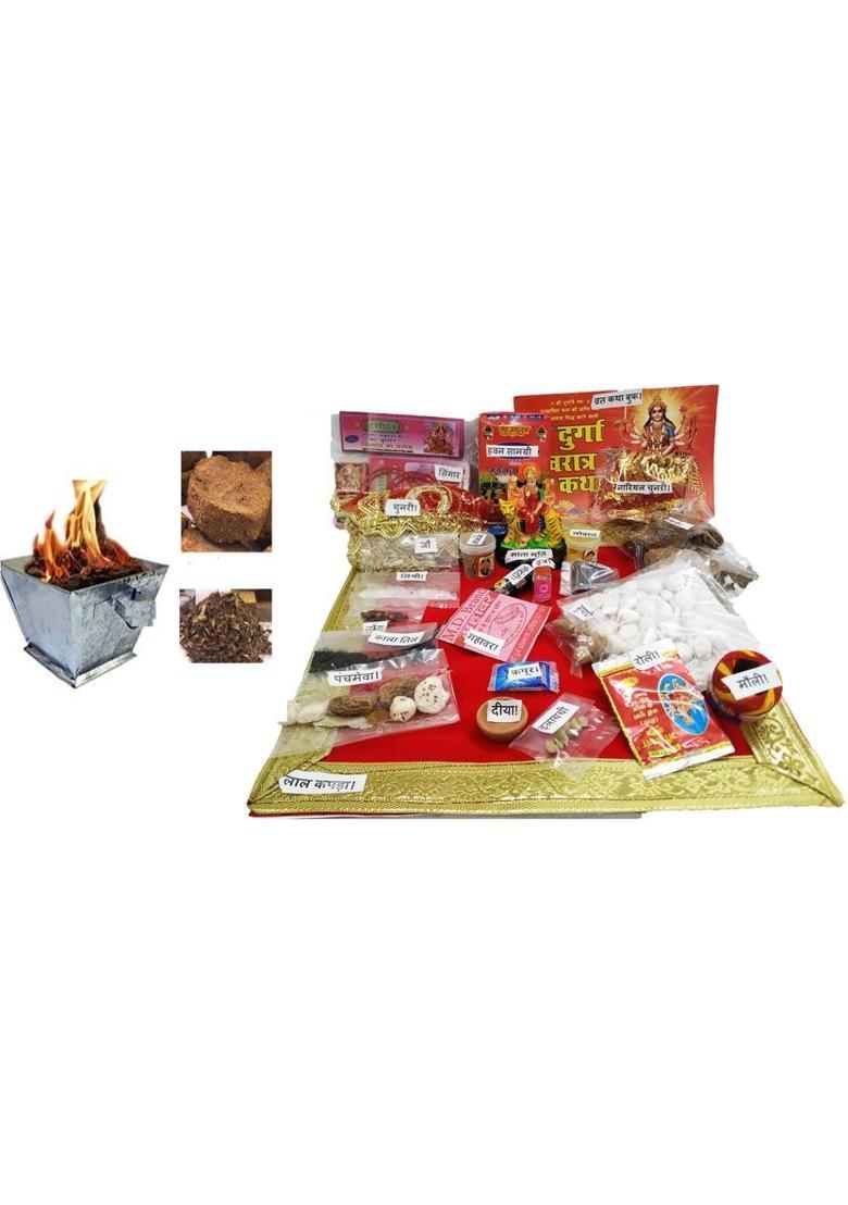 KAVIM Navratri Pooja samagri kit n 4 inch Murti ,Rice light , Hawan Cup ( 36 Items) Prayer Kit - Indya