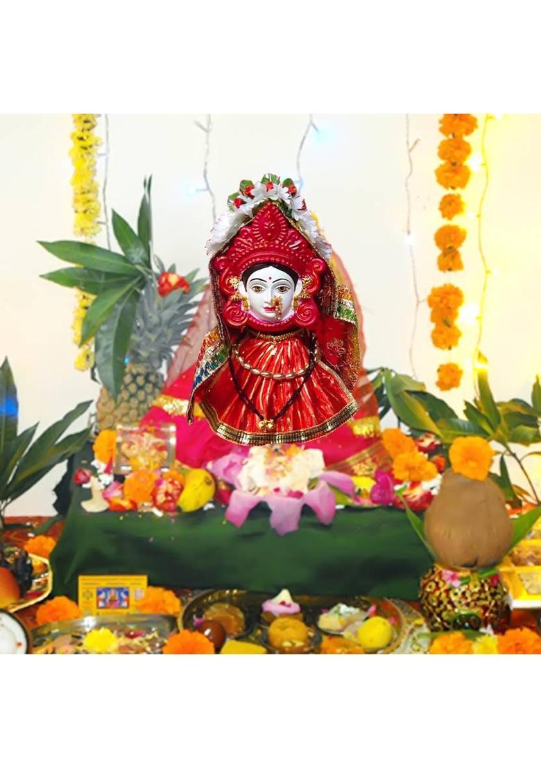 Ayodhya Bhakti Complete Mahalaxmi Puja Samagri Kit Face !! Mukhota Dress !!Mangalsutra !! Golmal !! Chunari !! Veni !! Polyfibre Goddess Mata Mahalakshmi (Laxmi) Face !! Margashirsha Laxmi Face For Puja Prayer Kit - Indya