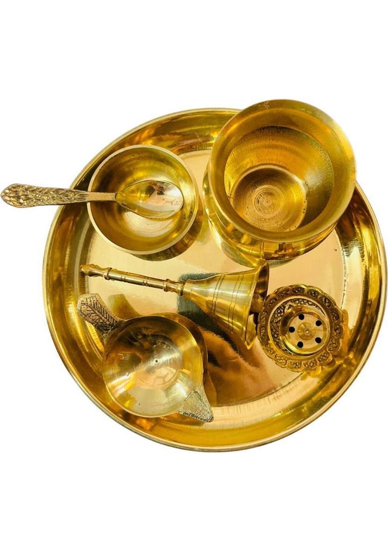 twilight Complete Brass Pooja Kit with Plate, Diya, Kalash, and Incense Holder Brass&nbsp;&nbsp;(7 Pieces, Gold) - Indya