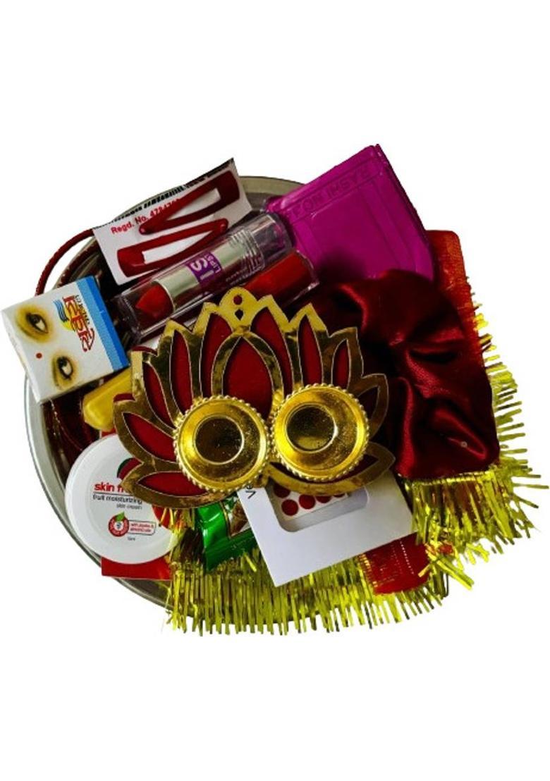 KHUSHA CREATIONS Mata 16 Shringar Pooja Thali With Lotus Roli Chawal Platter & Book/Prayer Kit Stainless Steel&nbsp;&nbsp;(1 Pieces, Multicolor) - Indya