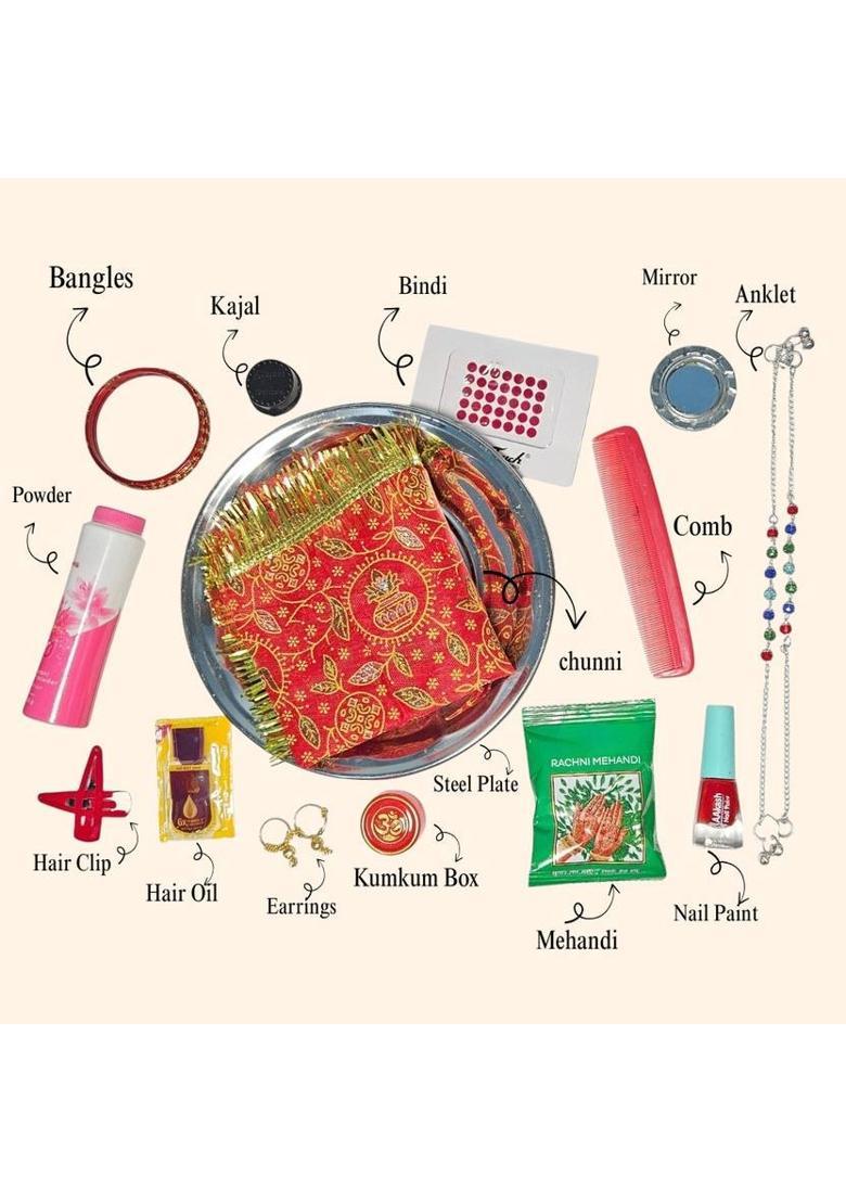 KHUSHA CREATIONS Traditional 16 Pcs Shringar Kit | Navratra Pooja Thali Set for Women Steel&nbsp;&nbsp;(16 Pieces, Multicolor) - Indya