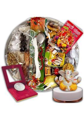 ME&YOU 31 Items Pooja Thali with Ganesh Idol,Silver Coin & Arti Sangrah|All-in-One Kit Stainless Steel&nbsp;&nbsp;(1 Pieces, Multicolor)
