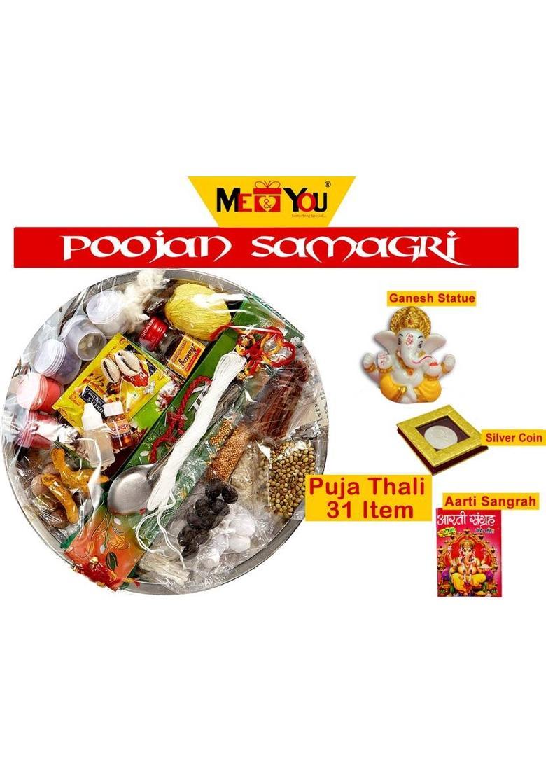 ME&YOU 31 Items Pooja Thali with Ganesh Idol,Silver Coin & Arti Sangrah|All-in-One Kit Stainless Steel&nbsp;&nbsp;(1 Pieces, Multicolor) - Indya