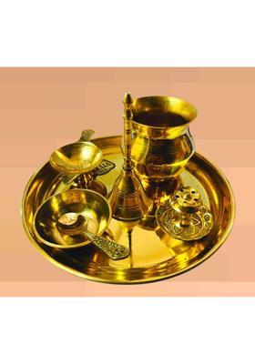 HUZUR JI Complete Brass Pooja Kit with Plate, Diya, Kalash, and Incense Holder Brass&nbsp;&nbsp;(7 Pieces, Gold)