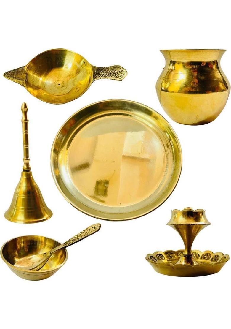 HUZUR JI Complete Brass Pooja Kit with Plate, Diya, Kalash, and Incense Holder Brass&nbsp;&nbsp;(7 Pieces, Gold) - Indya