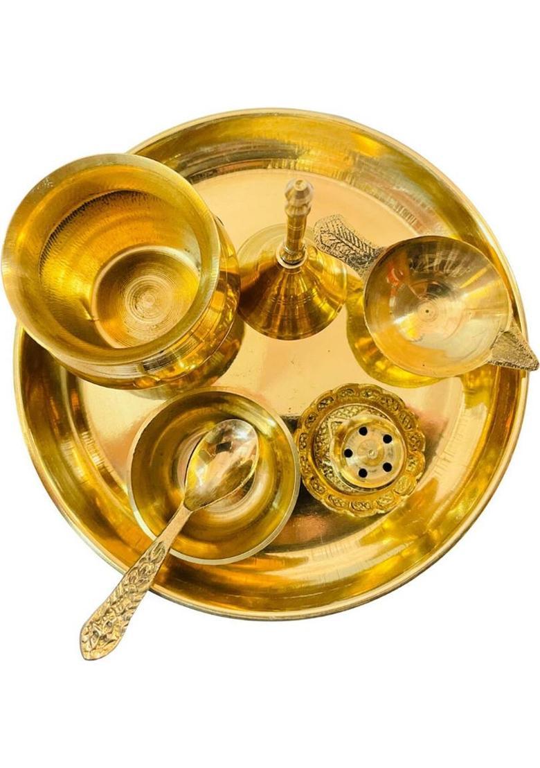 HUZUR JI Complete Brass Pooja Kit with Plate, Diya, Kalash, and Incense Holder Brass&nbsp;&nbsp;(7 Pieces, Gold) - Indya