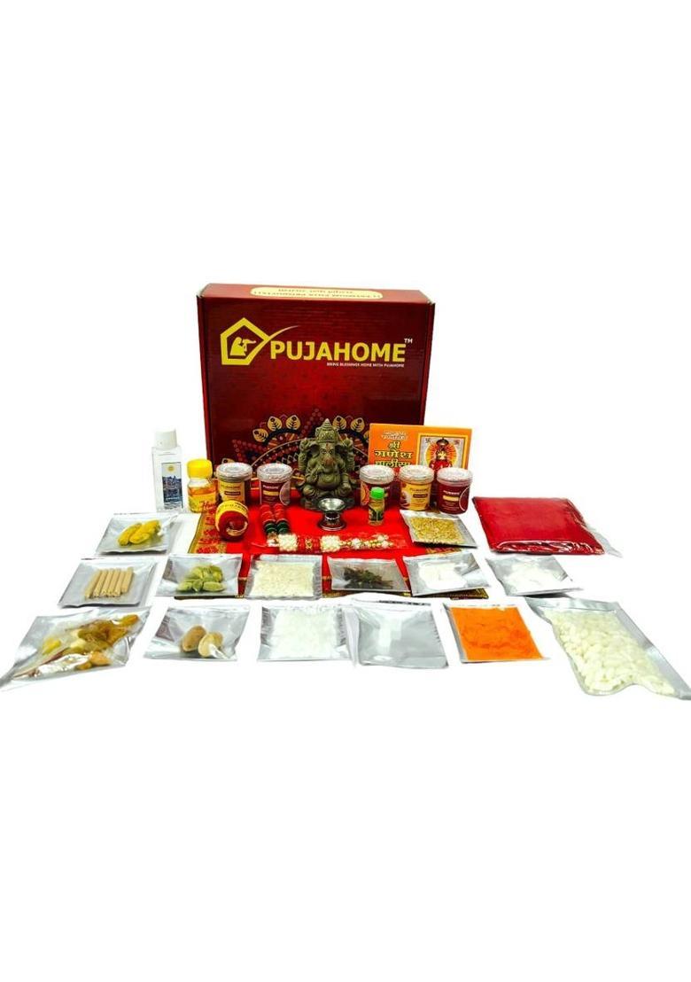 pujahome Ganesh Puja kit - 32 items with Murti (Colored) Cotton&nbsp;&nbsp;(1 Pieces, Red) - Indya