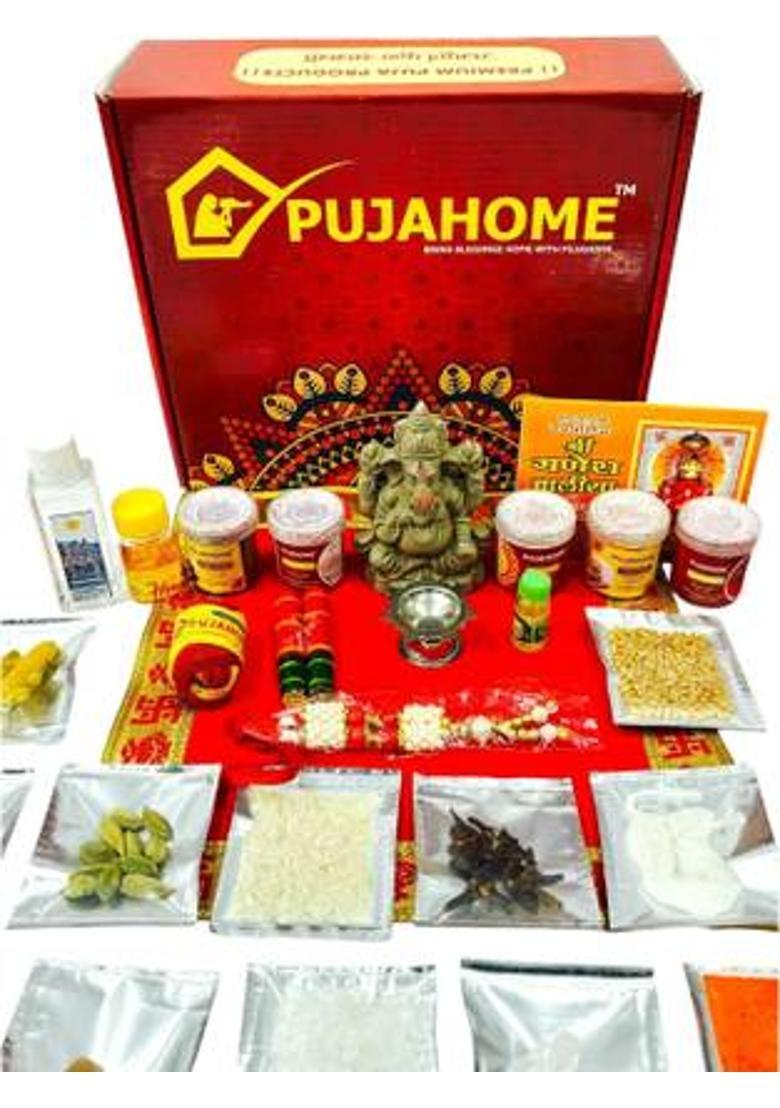 pujahome Ganesh Puja kit - 32 items with Murti (Colored) Cotton&nbsp;&nbsp;(1 Pieces, Red) - Indya