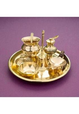 HUZUR JI Designer Brass Pooja Thali Kit with Kalash & Bell Brass&nbsp;&nbsp;(8 Pieces, Gold)