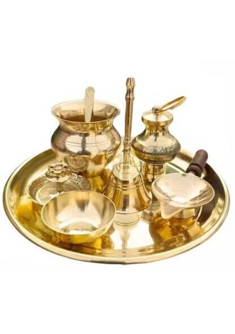 HUZUR JI Designer Brass Pooja Thali Kit with Kalash & Bell Brass&nbsp;&nbsp;(8 Pieces, Gold) - Indya