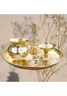 EliteTouch Brass Pooja Thali Big design Plate with Akhand Jyot Diya, Brass Kalash Lota/Bell Brass  (1 Pieces, Gold)