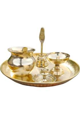 DARIDRA BHANJAN Brass Big Pooja Thali Set with Akhand Diya, Diya, Pooja kalash Lota/Bell/Agardan Brass  (1 Pieces, Gold)