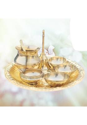 Yashodanandan Brass Puja Set with Thali, Kuber Diya, Bell, Brass Lota & Katori(Set of 3) Brass  (1 Pieces, Gold)