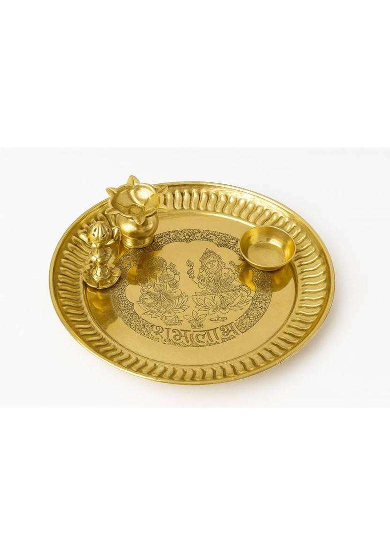 Kanha store Brass Pooja Thali Set - Laxmi Ganesh Engraved Plate with Diya, Kalash & Bowl Brass  (4 Pieces, Gold) - Indya