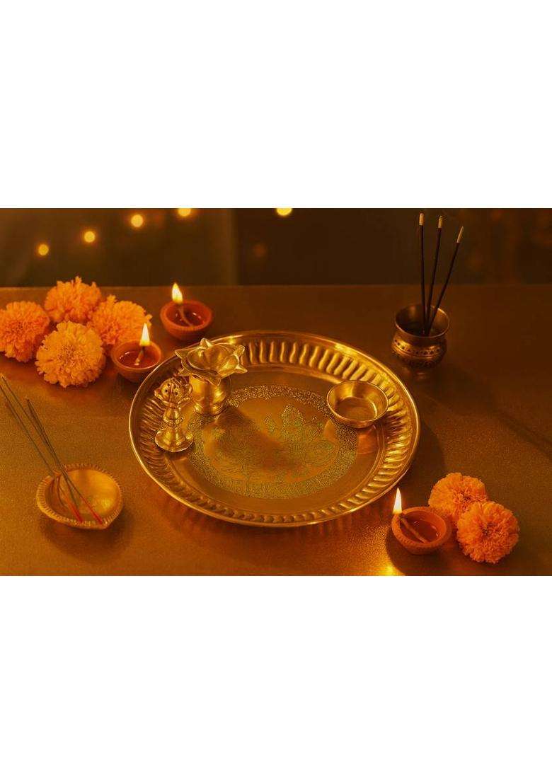 Kanha store Brass Pooja Thali Set - Laxmi Ganesh Engraved Plate with Diya, Kalash & Bowl Brass  (4 Pieces, Gold) - Indya