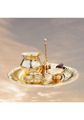 DARIDRA BHANJAN Elegant Brass Puja Thali Pack with Lota, Bell & Wooden Diya Brass  (1 Pieces, Gold)
