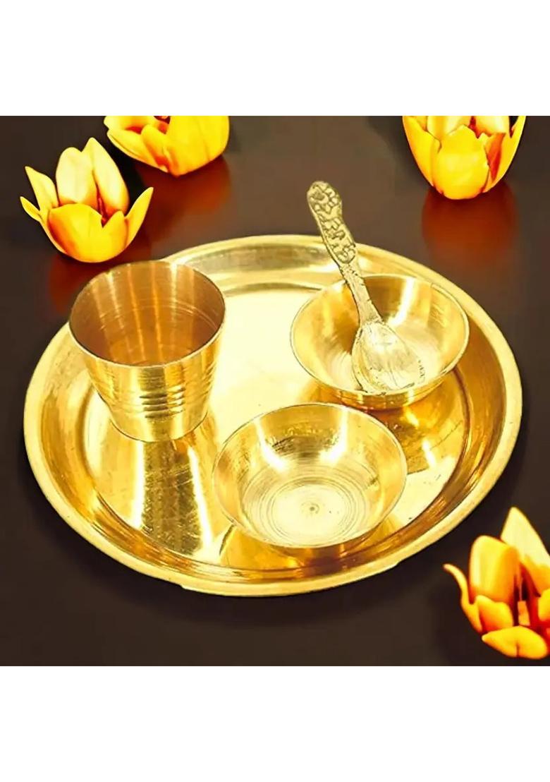 ShubhThali Brass Laddu gopal bhog plate set 1 plate 2 katori 1glass Thakur ji, Kanha ji SET Brass  (1 Pieces, Gold) - Indya