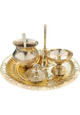 DARIDRA BHANJAN Brass Pooja Thali with Akhand Diya, Diya, Bell, Lota, Spoon & Agarbatti Stand Brass  (1 Pieces, Gold)