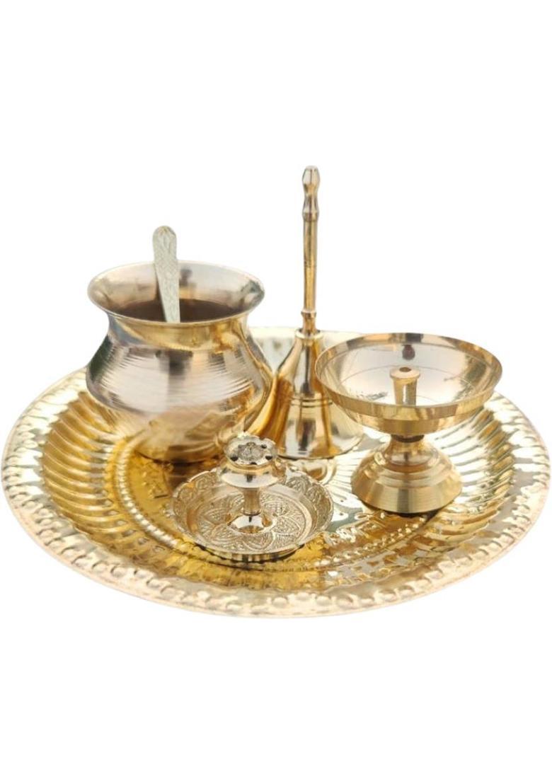 DARIDRA BHANJAN Brass Pooja Thali with Akhand Diya, Diya, Bell, Lota, Spoon & Agarbatti Stand Brass  (1 Pieces, Gold) - Indya