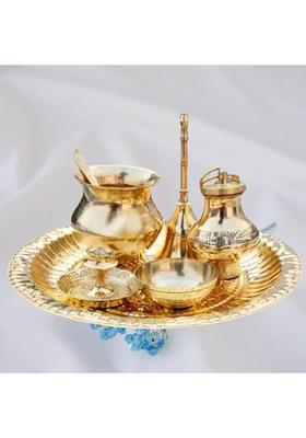 EliteTouch Brass Pooja Thali with Lota, Katori, Gangajali Kalash, Ghanti & Agarbatti Stand Brass  (1 Pieces, Gold)