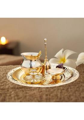 DARIDRA BHANJAN Brass Pooja Thali Set| Lota, Wooden Diya, Bell & Agarbatti Holder Brass  (1 Pieces, Gold)