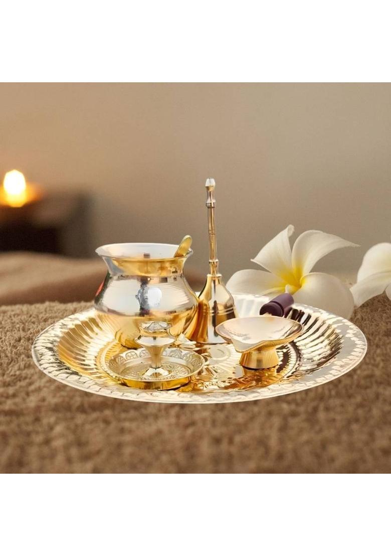 DARIDRA BHANJAN Brass Pooja Thali Set| Lota, Wooden Diya, Bell & Agarbatti Holder Brass  (1 Pieces, Gold) - Indya