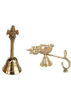 De-Ultimate Combo of 5 Face Puja Camphor Burner Lamp Punch Aarti ( 1 No ) Diya With Brass Pari Head Pooja Puja Bell Ghanti Brass  (2 Pieces, Gold)