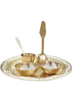 EliteTouch Pure Brass Pooja Thali Set | Plate, 2 Katori, Bell, Glass & Spoon | Bhog Thali Brass  (1 Pieces, Gold)