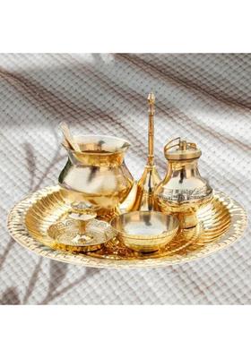 DARIDRA BHANJAN Brass Puja Utensils Set with Lota, Bell, Katori, Agarbatti Holder & Pooja Plate Brass  (1 Pieces, Gold)