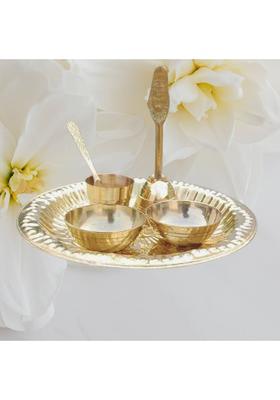 DARIDRA BHANJAN Premium Brass Pooja Plate Set | Aarti Thali with Katori, Bell, Glass & Spoon Brass  (1 Pieces, Gold)