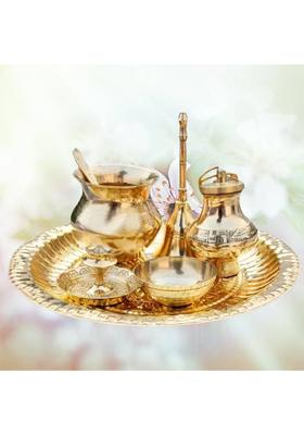 EliteTouch Brass Thali with Lota, Katori, Pooja Bell, Gangajali loti & Spoon Brass  (1 Pieces, Gold)